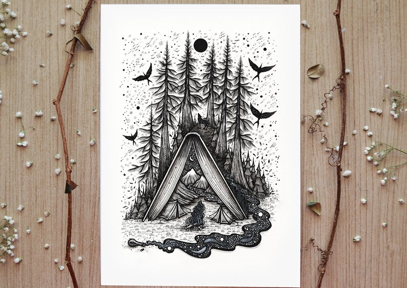 Camping Tent Book limited edition print Pen drawing Moon image 0