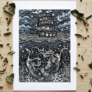 Mermaid's Song|| Fine Art Print. Scenery, Woman, Sea, Flowers, Nature, Space, Night, Underwater , Ship. Designed by Menisart