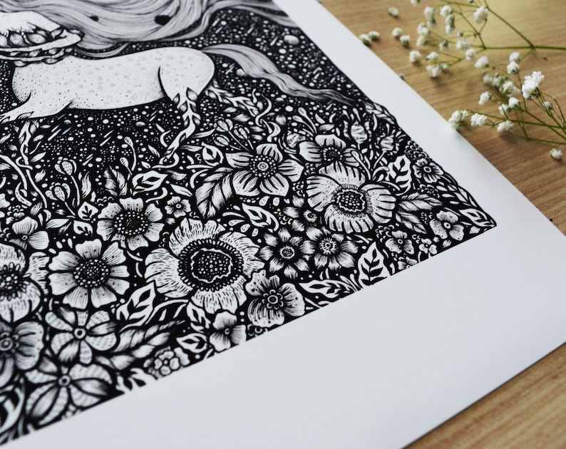 ケンタウリデス | ペン画、ファンタジーアート、神話アート、夜、自然、月、植物、花 | A4サイズプリント 画像 2