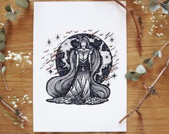 Moon Witch - limited edition print | Pen drawing, Magical Art, Divination, Moon, Flowers, Mountain Fashion Illustration | A4 size Print