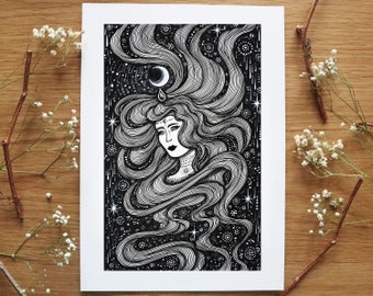 Queen of Starlight || Pen drawing, Moon, Night, Nature, Line Art, Fantasy Art, Queen Art ,Space, Celestial | A4 size Print