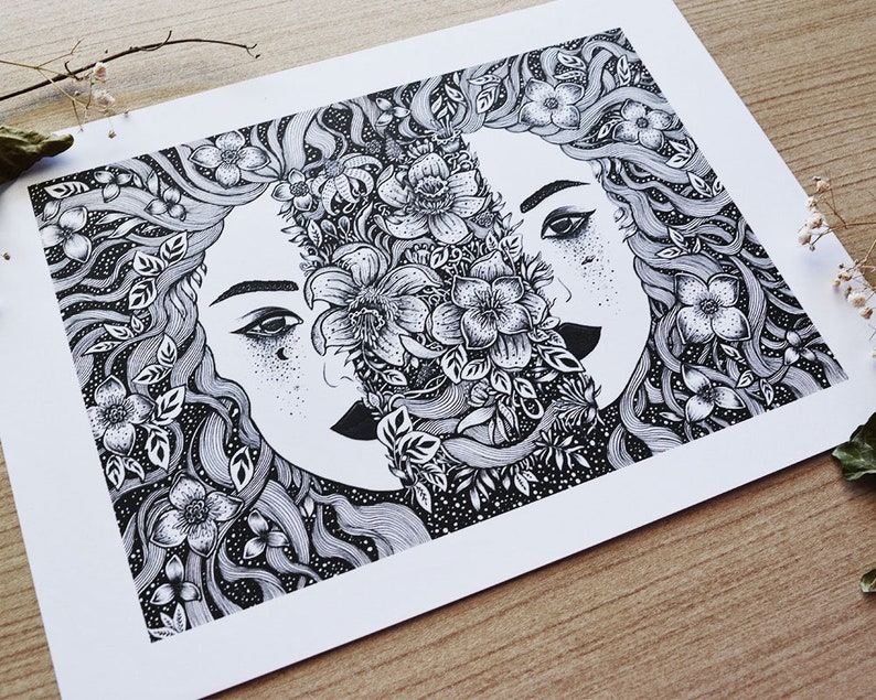 Falling Open Pen Drawing, Woman, Black and White, Florals, Night, Space, Magic A4 size Print image 3