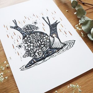 Land of Snails limited edition print Pen drawing, Nature, Folk Art, Flowers, Spring, Autumn, Falling Stars A4 size Print image 2