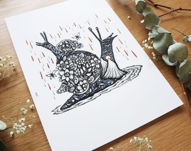 Land of Snails limited edition print Pen drawing, Nature, Folk Art, Flowers, Spring, Autumn, Falling Stars A4 size Print image 2