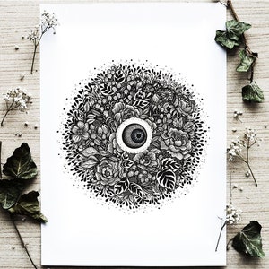 The Watchful Eye of Nature, limited edition print | Pen drawing, Moon, Nature, Surreal Art, Folk Art, Flowers, Eye Ball, Eye | A4 size Print