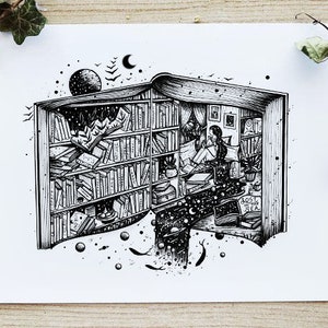 Life in a Book | Reading, Pen drawing, Travel, Nature, Woman, Decor Art, Halloween | A4 size Print