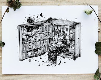 Life in a Book | Reading, Pen drawing, Travel, Nature, Woman, Decor Art, Halloween | A4 size Print