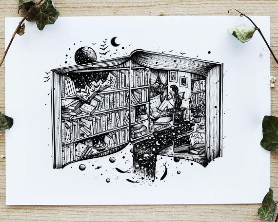 Life in a Book Reading, Pen Drawing, Travel, Nature, Woman, Decor Art,  Halloween A4 Size Print 