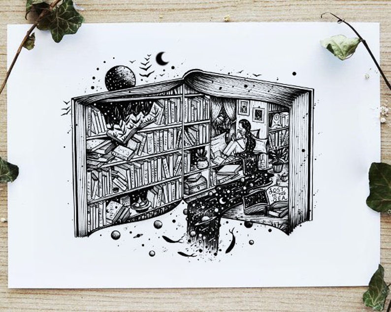 Life in a Book Reading, Pen drawing, Travel, Nature, Woman, Decor Art, Halloween A4 size Print image 1