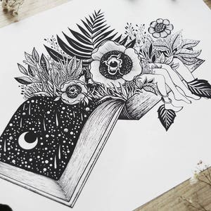 Book Lovers // A4 Horizontal size Print. Book, Couple, Love, Botanical, Flowers, Surreal Art, Bookish Designed by MenisArt image 2