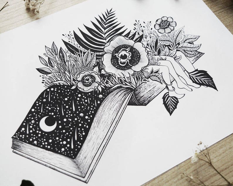 Book Lovers // A4 Horizontal size Print. Book, Couple, Love, Botanical, Flowers, Surreal Art, Bookish Designed by MenisArt image 2