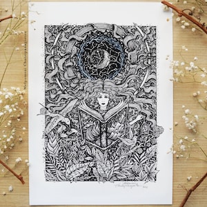 Enchantress of Space and Time || Fine Art Print, Botanical Art, Nature, Moon, Book, Wicca Art, Witch Art, Wall Decor Art, Home Decor