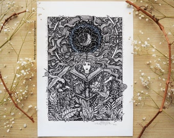 Enchantress of Space and Time || Fine Art Print,  Botanical, Constellations, Nature, Moon. Illustrated by Melpomeni Chatzipanagiotou