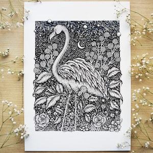 Flamingo | Pen drawing, Fantasy Art, Space, Bird, Nature, Moon, Nigh time, Flowers | A4 size Print