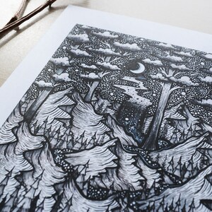 Soul Lake Pen drawing, Moon, Night, Nature, Landscape, Fantasy Art, Folk Art,Mountains, River A4 size Print image 3