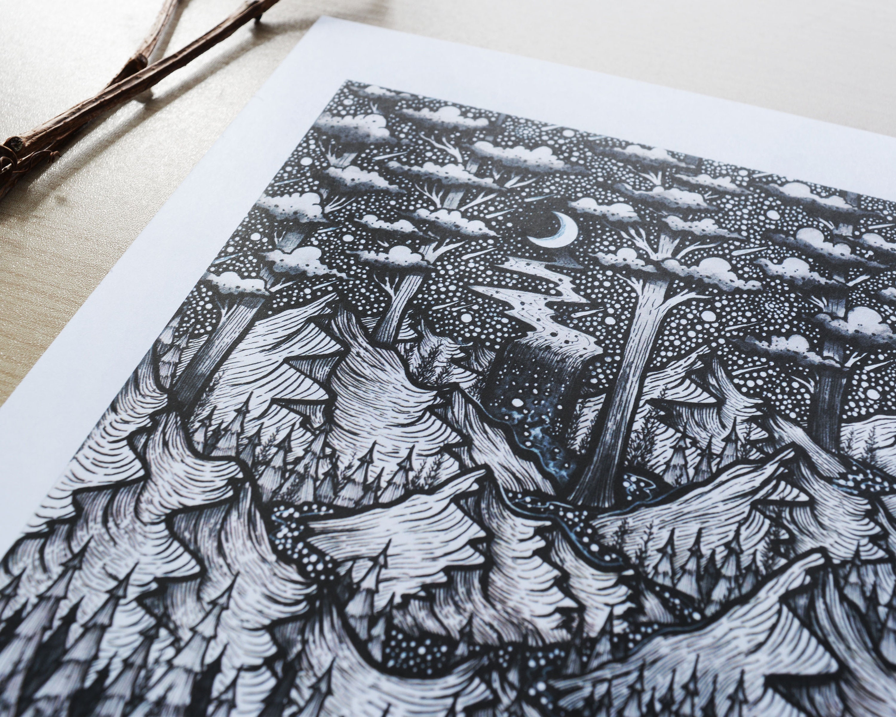 Spirit of the Lake Pen Drawing, Moon, Night, Nature, Landscape, Mountains,  Cabin, River Fine Art Print 