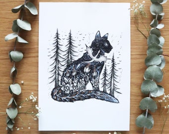 Enchanted Familiars - limited edition print | Pen drawing, Nature, Folk Art, Flowers, Winter, Wild Cat, Dragon, Trees | A4 size Print