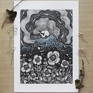 Dreaming of Dreams Pen drawing, Moon, Night, Nature, Woman, Sleep, River, Halloween A4 size Print image 1