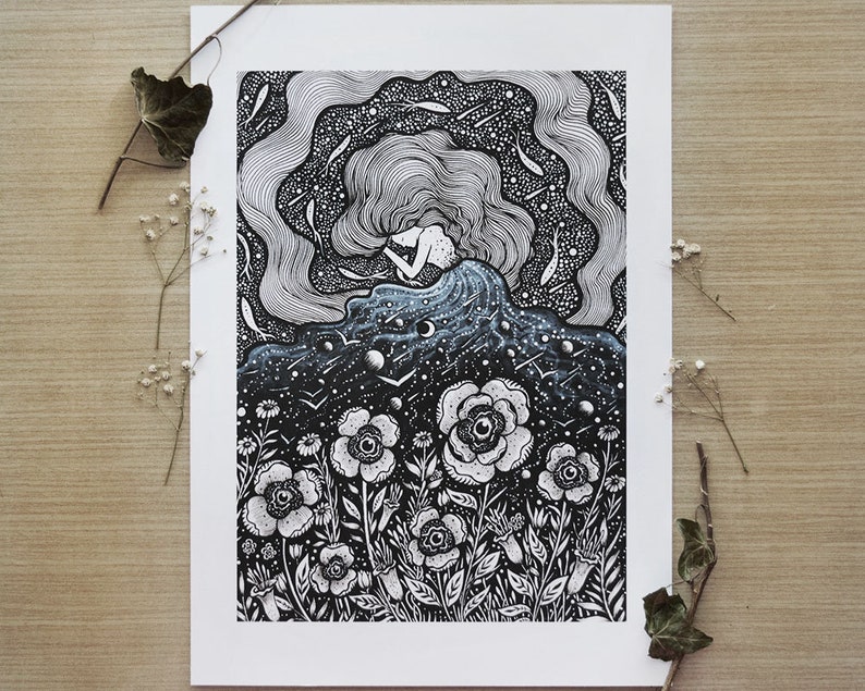 Dreaming of Dreams Pen drawing, Moon, Night, Nature, Woman, Sleep, River, Halloween A4 size Print image 1