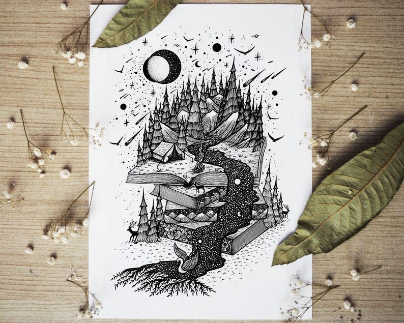Book Stories River, Pen drawing, Space, Nature, Camping A4 size Print image 1