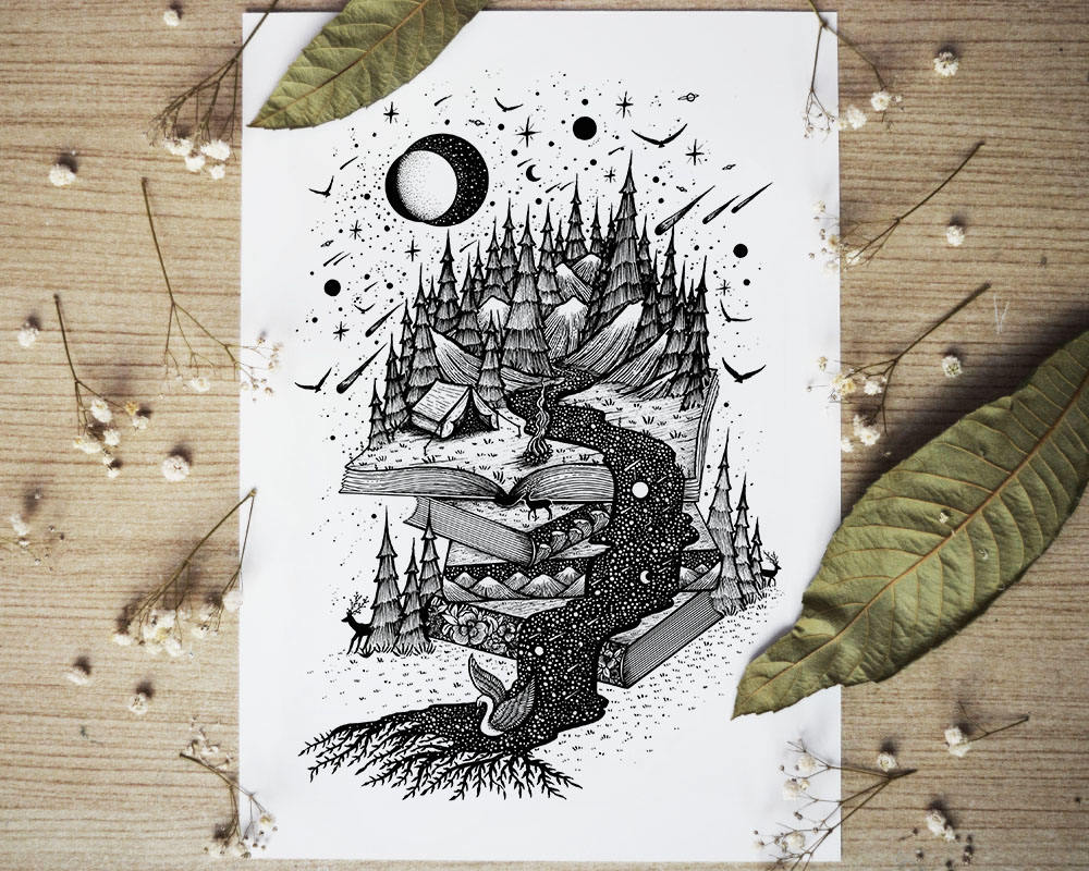 Book Stories River Pen drawing Space Nature Camping A4 size Print