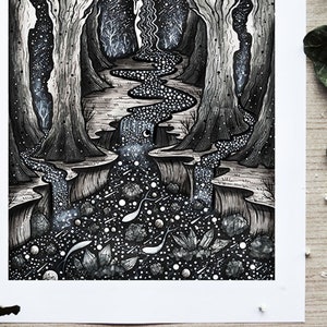 Nymph of the Spirit Trees Pen drawing, Moon, Night, Nature, Landscape, Fantasy Art, Folk Art, Mountains, Cabin, River Fine Art Print image 3
