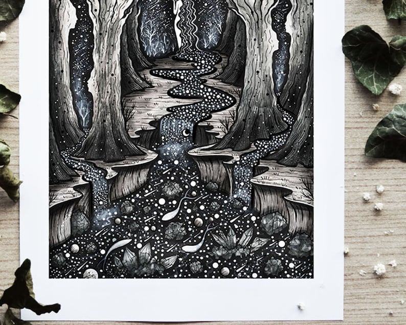 Nymph of the Spirit Trees Pen drawing, Moon, Night, Nature, Landscape, Fantasy Art, Folk Art, Mountains, Cabin, River Fine Art Print image 3