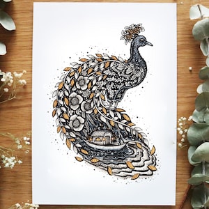 Peacock Familiar - limited edition print |  Nature, Folk Art, Magical art, Tales, Wall Decor, Interior art, Home Decor | A4 size Print