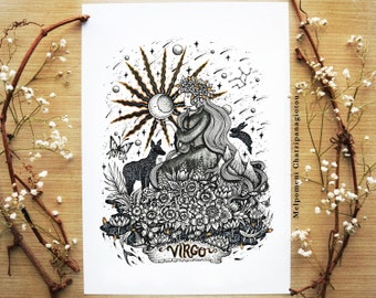 Virgo - Zodiac signs,Landscape, Maiden, Botanical, Animal, Astrology, Horoscope, Flowers, Deer, Home Decor (A4 size Illustration Print)