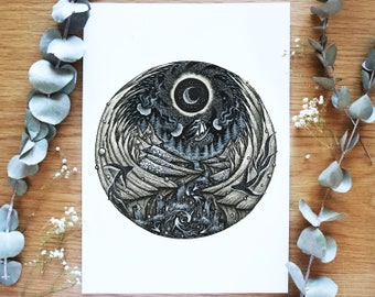 Solar Eclipse: Journey to the Unknown | Pen drawing, Sun, Moon, Night, Nature, Landscape, Mountains, Ship, Fish | Fine Art Print