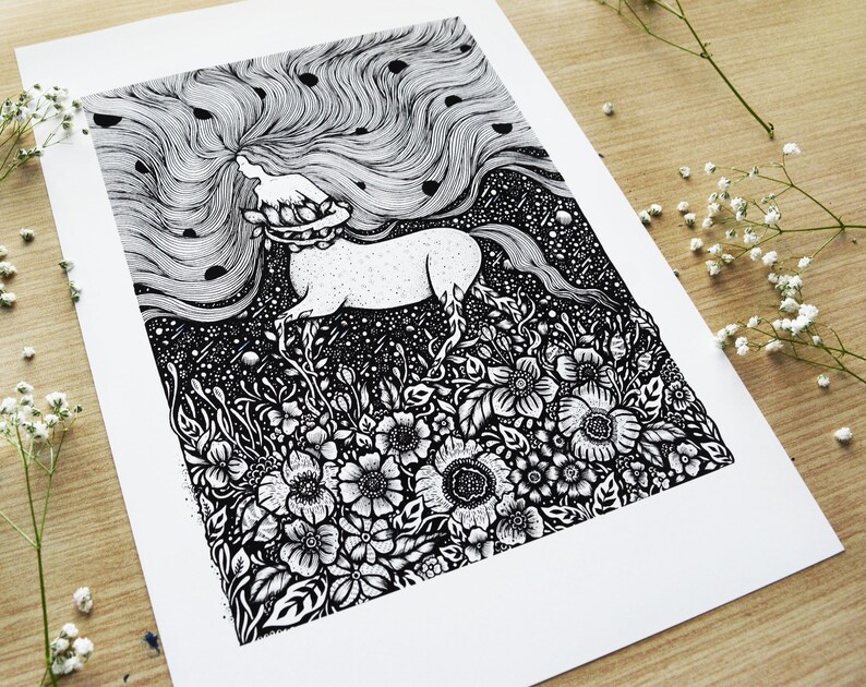 ケンタウリデス | ペン画、ファンタジーアート、神話アート、夜、自然、月、植物、花 | A4サイズプリント 画像 4