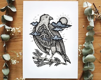 Eagle Familiar - tryck i begränsad upplaga | Blyertsteckning, Natur, Folkkonst, Blommor, Landskap, Vild natur, Fågel, Träd | Tryck i A4-storlek