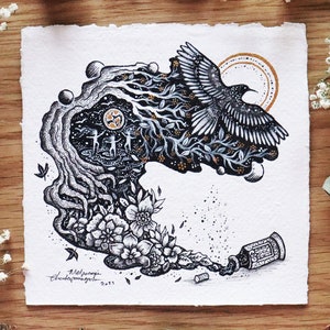 Piccola opera d'arte originale ''Il rituale della pozione'' // Carta fatta a mano, autunno, notte, corvo, arte fantasy, ninfe. Surreale. Magia. Danza del bosco.