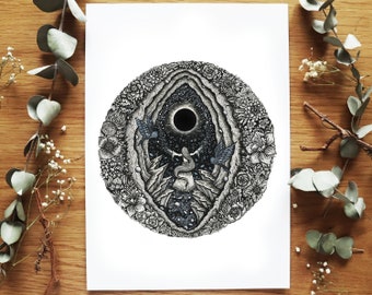Solar Eclipse: The path to totality | Pen drawing, Sun, Moon, Night, Landscape, Mountains, Owls, Witch, Forest, Flowers | Fine Art Print