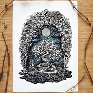 The Passage to the Other Life || Fine Art Print, Botanical Art Print, Nature, Moon, Fantasy Art, Faeries, Ship, Wall Decor Art, Home Decor