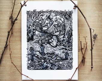 The calm of the forest || A4 size Print, Flowers, Forest, Nature, Forest, Reading, Landscape. Illustrated by Melpomeni Chatzipanagiotou