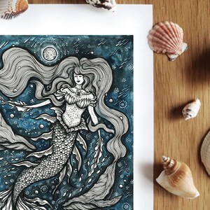 Mermaid: Creature of the Deep Ocean Mythical Creature, Whales, Underwater, Home Decor A4 size Art Print By Melpomeni Chatzipanagiotou image 2