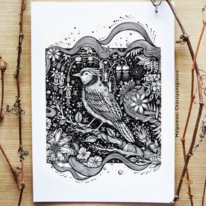 Birds lullaby || A4 size Print, Flowers, Botanical, Forest, Nature, Forest, Bird, Moon. Illustrated by Melpomeni Chatzipanagiotou