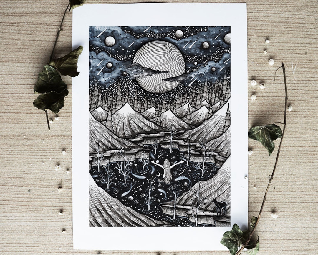 Spirit of the Lake Pen Drawing, Moon, Night, Nature, Landscape, Mountains,  Cabin, River Fine Art Print 