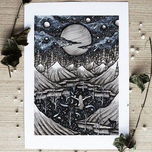 Spirit of the Lake | Pen drawing, Moon, Night, Nature, Landscape, Mountains, Cabin, River | Fine Art Print