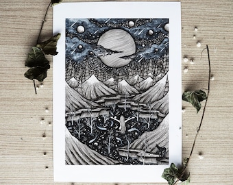 Spirit of the Lake | Pen drawing, Moon, Night, Nature, Landscape, Mountains, Cabin, River | Fine Art Print