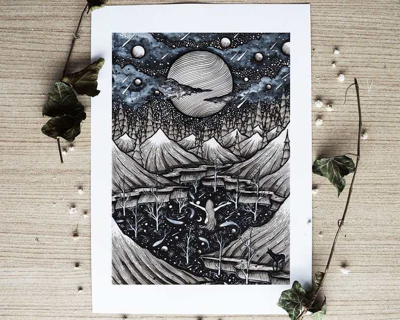 Spirit of the Lake Pen drawing, Moon, Night, Nature, Landscape, Mountains, Cabin, River Fine Art Print image 1