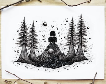The Path to Nature  | Pen drawing, Fantasy Art, Surreal Art, Night, Nature, Landscape, Moon, Tree, Mountains | A4 size Print