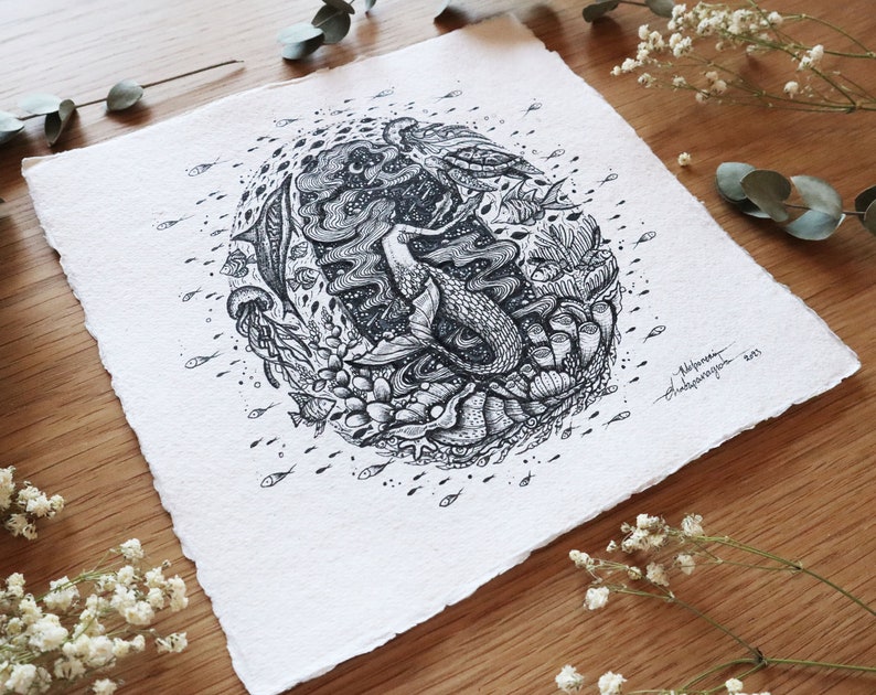 Small Original Artwork ''Letter O'' Handmade Paper, Stars, Night, Flowers, Fantasy Art, Mountains, Horse, Botanical, Art by Menis Art image 4