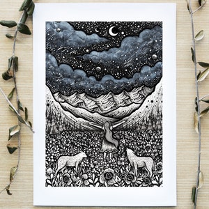 Embrace of Life | Pen drawing, Moon, Night, Nature, Landscape, Mountains, Wolf, River | Fine Art Print