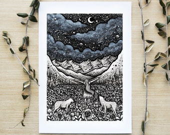 Embrace of Life | Pen drawing, Moon, Night, Nature, Landscape, Mountains, Wolf, River | Fine Art Print