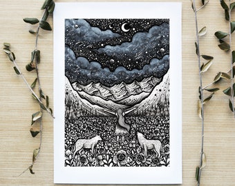 Etreinte de la vie | Dessin à la plume, lune, nuit, nature, paysage, montagnes, loup, rivière | Impression d'art