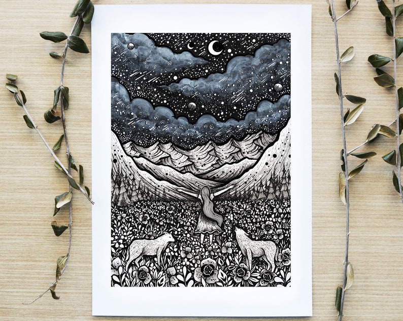 Embrace of Life Pen drawing, Moon, Night, Nature, Landscape, Mountains, Wolf, River Fine Art Print image 1