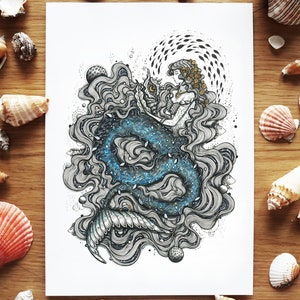 Mermaid || Mythical Creature, Fish, Ocean Waves, Botanical, Maiden, Sea shell, Home Decor  | A4 size Art Print By Melpomeni Chatzipanagiotou