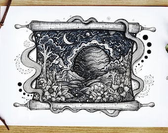 Mystical Scroll || Pen drawing, Fantasy Art, Cabin house, Night, Nature, Underwater, Moon, Botanical, Planet | A4 size Print
